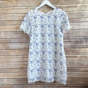 Sans Souci Blue White Floral Lace Short Sleeve Mini Dress Size Small